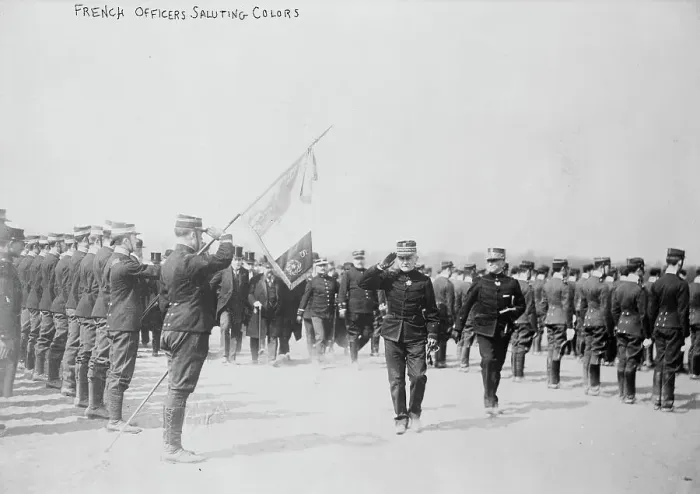 Framed Print : French officers saluting colors, between c1914 and c1915. Creator: Bain News Service Framed Print : French officers saluting colors, between c1914 and c1915. Creator: Bain News Service