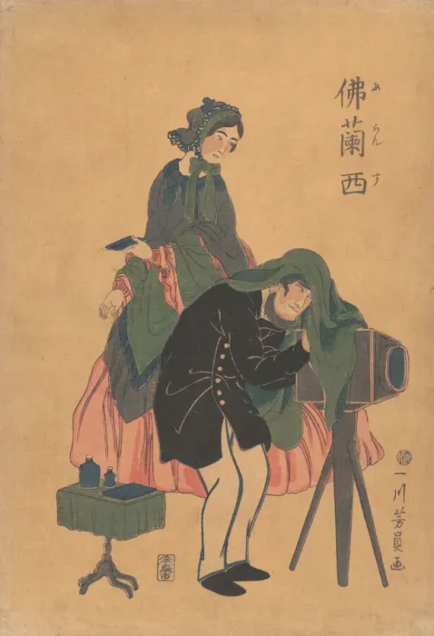 Framed Print : French Photographer with His Wife, 1861 (Bunkyu 1, 2nd month). Creator: Yoshikazu Framed Print : French Photographer with His Wife, 1861 (Bunkyu 1, 2nd month). Creator: Yoshikazu