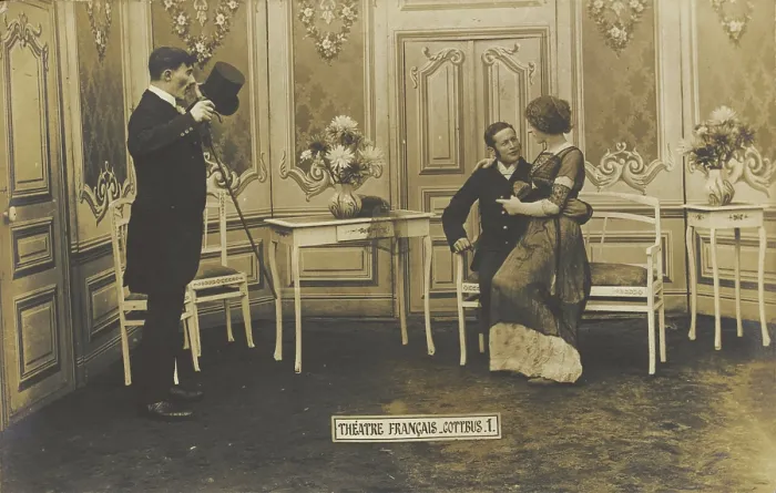 Framed Print : French prisoners of war, one in drag, performing a show at a prisoner of war camp in...(1910-1919?). Creator: Unknown Framed Print : French prisoners of war, one in drag, performing a show at a prisoner of war camp in...(1910-1919?). Creator: Unknown
