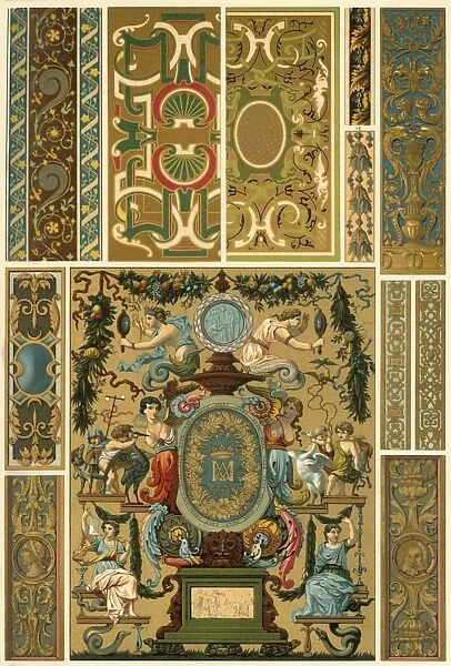 French Renaissance wall painting, polychrome painted sculpture, weaving and book covers, (1898)