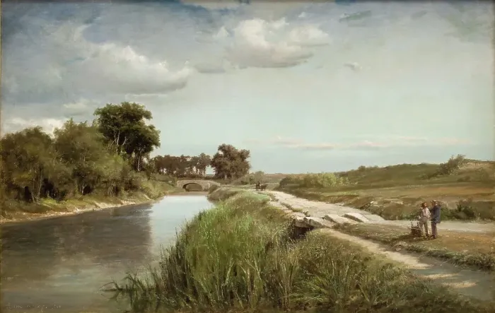 Framed Print : French River Landscape with a Bridge, 1866. Creator: Anton Melbye Framed Print : French River Landscape with a Bridge, 1866. Creator: Anton Melbye