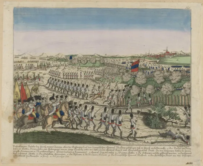 Framed Print : French and Russian troops on the Zurichberg hill in the First Battle of Zurich, c. 1810. Artist: Anonymous Framed Print : French and Russian troops on the Zurichberg hill in the First Battle of Zurich, c. 1810. Artist: Anonymous