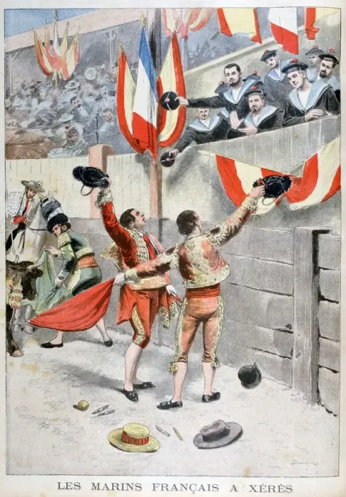 Framed Print : French sailors watching a bull fight, Xeres, Spain, 1899. Artist: Eugene Damblans Framed Print : French sailors watching a bull fight, Xeres, Spain, 1899. Artist: Eugene Damblans