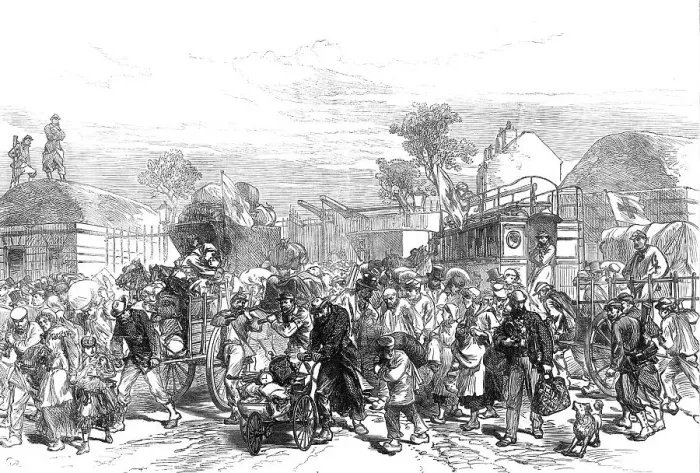 Framed Print : French Siege of Paris: armistice at Neuilly - people leaving their homes to go into the city, 1871. Creator: C. R Framed Print : French Siege of Paris: armistice at Neuilly - people leaving their homes to go into the city, 1871. Creator: C. R