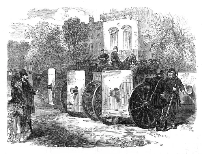 Framed Print : The French Siege of Paris: mitrailleuse with shields, 1871. Creator: Unknown
