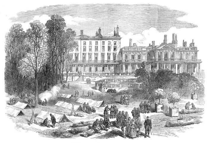 Framed Print : The French Siege of Paris: troops encamped at the Palace of St. Cloud, 1871. Creator: Unknown Framed Print : The French Siege of Paris: troops encamped at the Palace of St. Cloud, 1871. Creator: Unknown