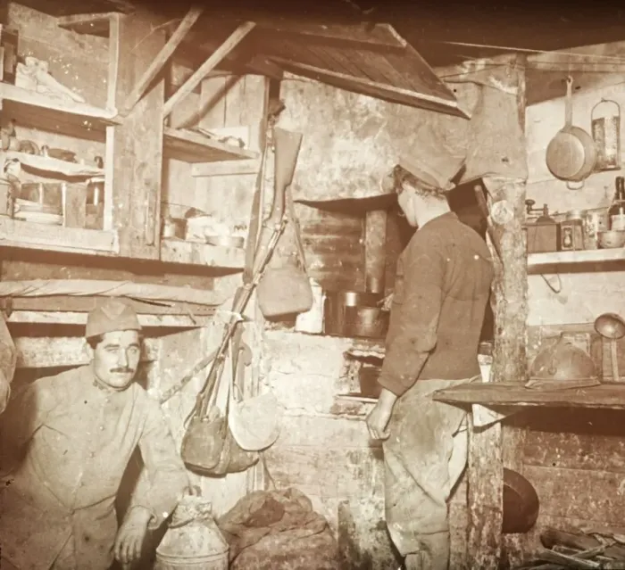 Framed Print : French soldiers in captured German officers kitchen, c1914-c1918 Framed Print : French soldiers in captured German officers kitchen, c1914-c1918
