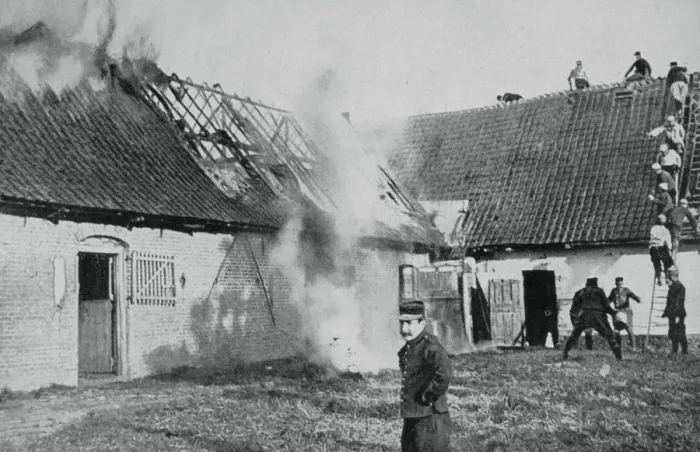 Framed Print : French soldiers fight a fire started by German incendiary bombs, Artois, World War I, 1915 Framed Print : French soldiers fight a fire started by German incendiary bombs, Artois, World War I, 1915