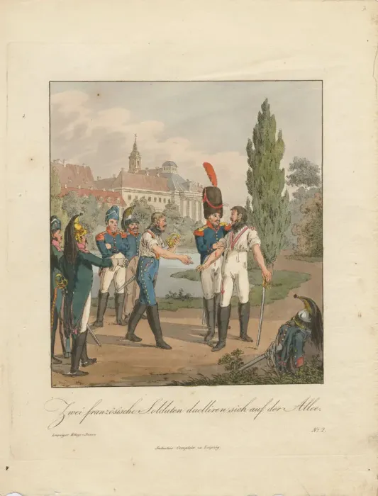 Framed Print : Two French soldiers fighting a duel on an avenue. Artist: Geissler, Christian Gottfried Heinrich (1770-1844) Framed Print : Two French soldiers fighting a duel on an avenue. Artist: Geissler, Christian Gottfried Heinrich (1770-1844)