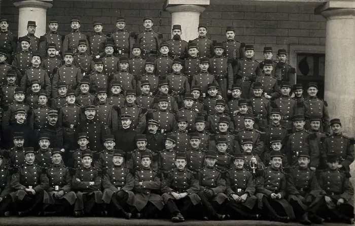 Framed Print : French soldiers including Louis de Broglie (front row, third from right), 1914. Creator: Unknown Framed Print : French soldiers including Louis de Broglie (front row, third from right), 1914. Creator: Unknown
