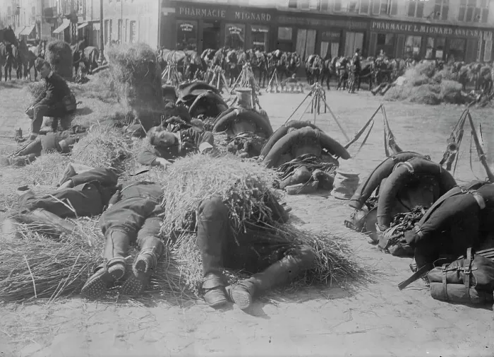 Framed Print : French soldiers resting after a march, 14 Sept? 1914. Creator: Bain News Service Framed Print : French soldiers resting after a march, 14 Sept? 1914. Creator: Bain News Service
