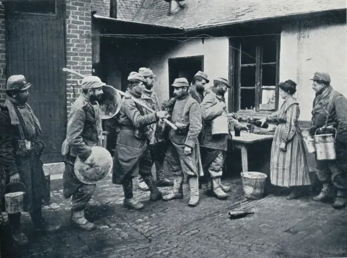 Framed Print : French soldiers returning from the trenches make a halt for refreshment, c1914 Framed Print : French soldiers returning from the trenches make a halt for refreshment, c1914