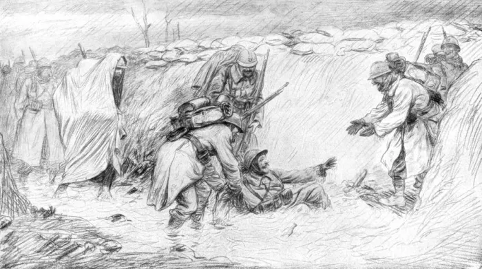 Framed Print : French soldiers seeing the funny side of falling in the mud, World War I, 1916, (1926) Framed Print : French soldiers seeing the funny side of falling in the mud, World War I, 1916, (1926)