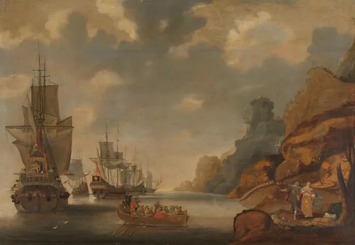 Framed Print : A French Squadron near a Rocky Coast, 1640-1676. Creator: Jacob Bellevois Framed Print : A French Squadron near a Rocky Coast, 1640-1676. Creator: Jacob Bellevois