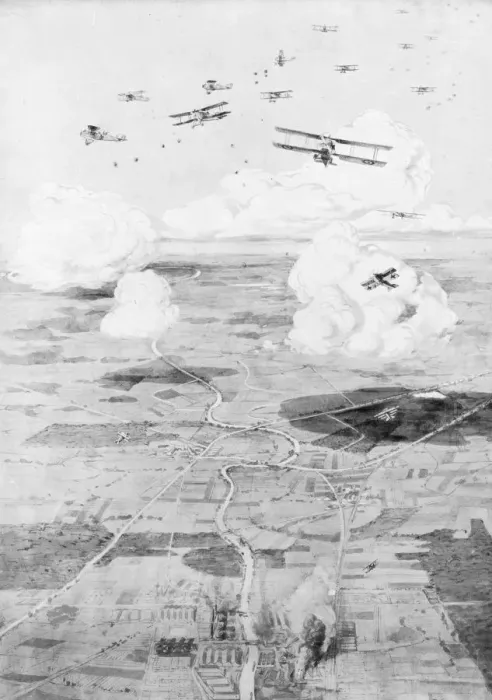 Framed Print : French squadron on the objective; factories at the edge of a river, 1918, (1926). Artist: Etienne Cournault Framed Print : French squadron on the objective; factories at the edge of a river, 1918, (1926). Artist: Etienne Cournault