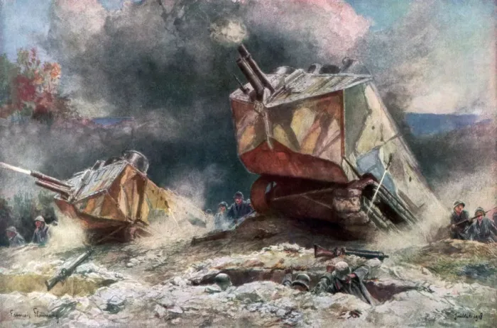 Framed Print : French Tank Assault, July 1918, (1926). Artist: Francois Flameng Framed Print : French Tank Assault, July 1918, (1926). Artist: Francois Flameng