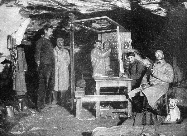 A French telephone post in a cave, France, World War I, 1915