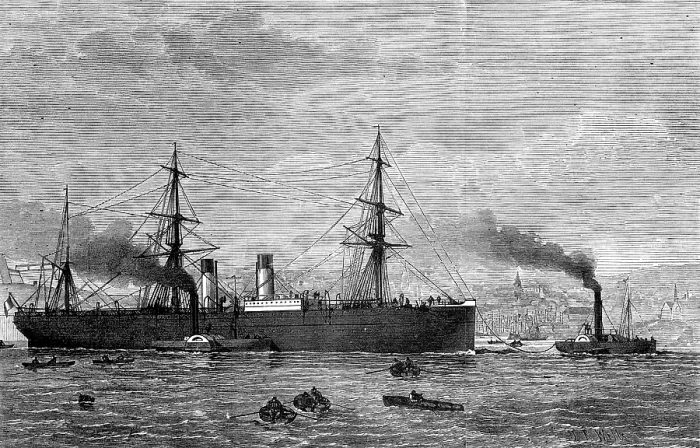 Framed Print : The French Transatlantic Company's steam-ship Amerique towed into Plymouth, 1874 Framed Print : The French Transatlantic Company's steam-ship Amerique towed into Plymouth, 1874