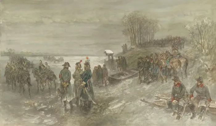 Framed Print : French troops cross a frozen river, 1888. Creator: Charles Rochussen Framed Print : French troops cross a frozen river, 1888. Creator: Charles Rochussen