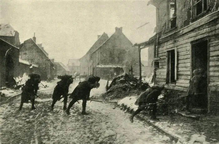 Framed Print : French troops crossing a village street under German fire, First World War, 1914-1915, (c1920) Framed Print : French troops crossing a village street under German fire, First World War, 1914-1915, (c1920)