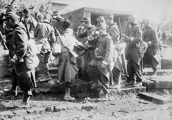 French troops drinking water on march, between c1914 and c1915. Creator: Bain News Service