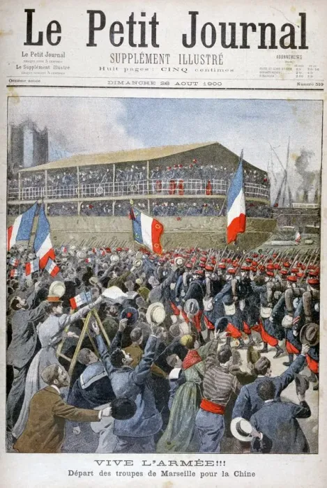 Framed Print : French troops embarking for China, 1900. Artist: Eugene Damblans Framed Print : French troops embarking for China, 1900. Artist: Eugene Damblans