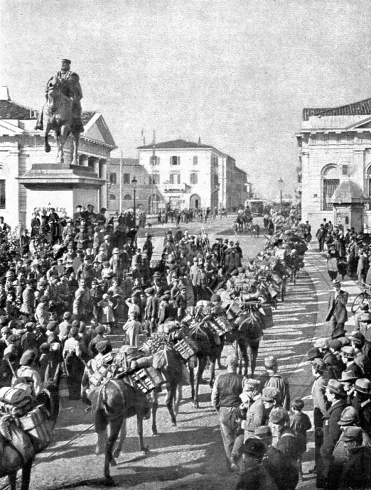 Framed Print : French Troops in Italy; In Brescia: a machine gun unit march past the Garibaldi... 1917. Creator: Unknown Framed Print : French Troops in Italy; In Brescia: a machine gun unit march past the Garibaldi... 1917. Creator: Unknown