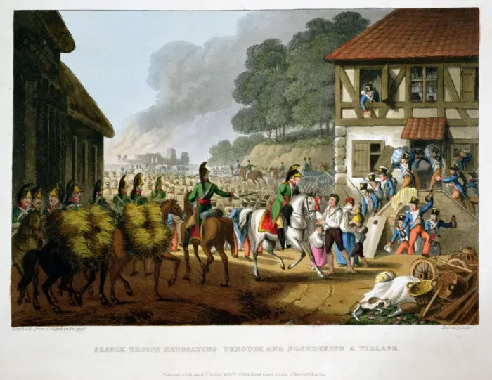 Framed Print : French Troops Retreating Through and Plundering a Village, 1816 Framed Print : French Troops Retreating Through and Plundering a Village, 1816