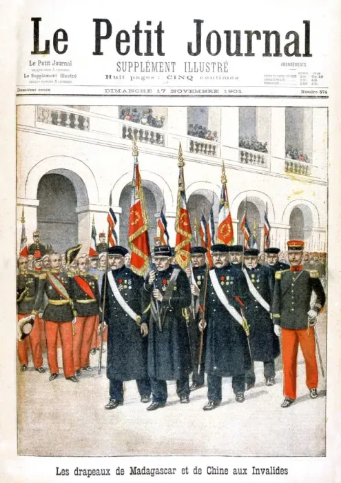 Framed Print : French war veterans carrying flags of the Madagascar and China campaigns, 1901 Framed Print : French war veterans carrying flags of the Madagascar and China campaigns, 1901