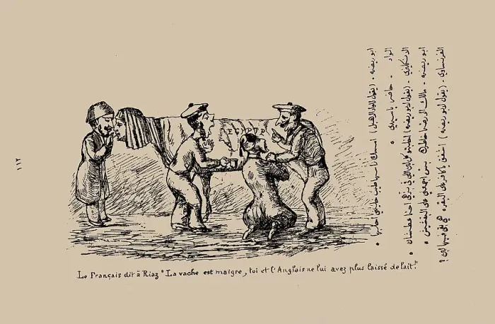Framed Print : The Frenchman says to Riaz, The cow is meagre, you and the British have not left any milk in it'. C Creator: Sanua (Sanu, Sannu), James (Yaqub, Jacques), (Abou Naddara) (1839-1912). The Frenchman says to Riaz, The cow is meagre Framed Print : The Frenchman says to Riaz, The cow is meagre, you and the British have not left any milk in it'. C Creator: Sanua (Sanu, Sannu), James (Yaqub, Jacques), (Abou Naddara) (1839-1912). The Frenchman says to Riaz, The cow is meagre