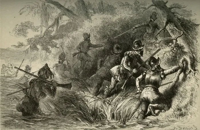 Framed Print : Frenchmen Proceeding to Attack the Spanish Fort on the St. Johns, (1877). Creator: Albert Bobbett Framed Print : Frenchmen Proceeding to Attack the Spanish Fort on the St. Johns, (1877). Creator: Albert Bobbett