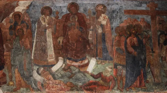 Framed Print : Fresco in the Cathedral of Our Lady of the Sign, Novgorod, Early 18th cen Artist: Bakhmatov, Ivan Yakovlevich (active Early 18th cen. ) Framed Print : Fresco in the Cathedral of Our Lady of the Sign, Novgorod, Early 18th cen Artist: Bakhmatov, Ivan Yakovlevich (active Early 18th cen. )