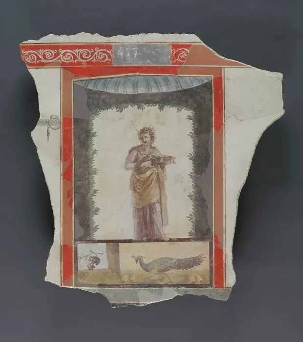Framed Print : Fresco Depicting a Woman (Maenad?) Holding a Dish; Peacock and Fruit Below, A.D. 1-79. Creator: Unknown Framed Print : Fresco Depicting a Woman (Maenad?) Holding a Dish; Peacock and Fruit Below, A.D. 1-79. Creator: Unknown