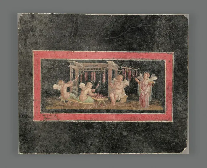 Framed Print : Fresco Fragment with Four Cupids Hanging Garlands, A.D. 50-79. Creator: Unknown