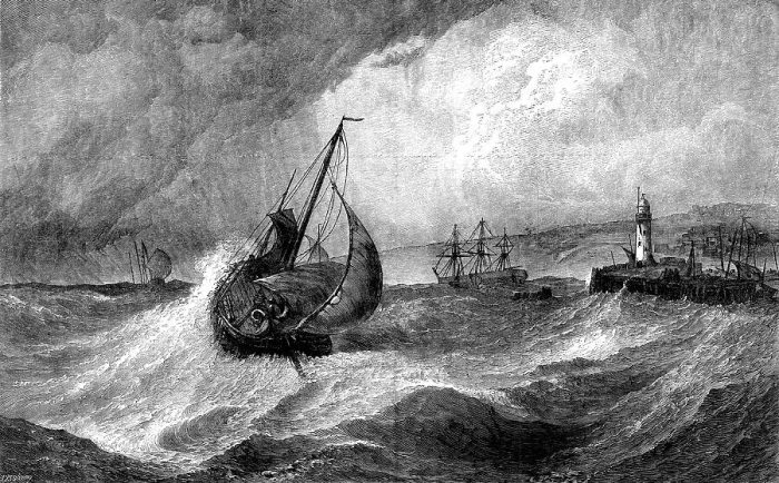 Framed Print : Freshening Gale, Scarborough: Fishing-Boats returning to Harbour, by E. Hayes... 1871. Creator: J Greenaway Framed Print : Freshening Gale, Scarborough: Fishing-Boats returning to Harbour, by E. Hayes... 1871. Creator: J Greenaway