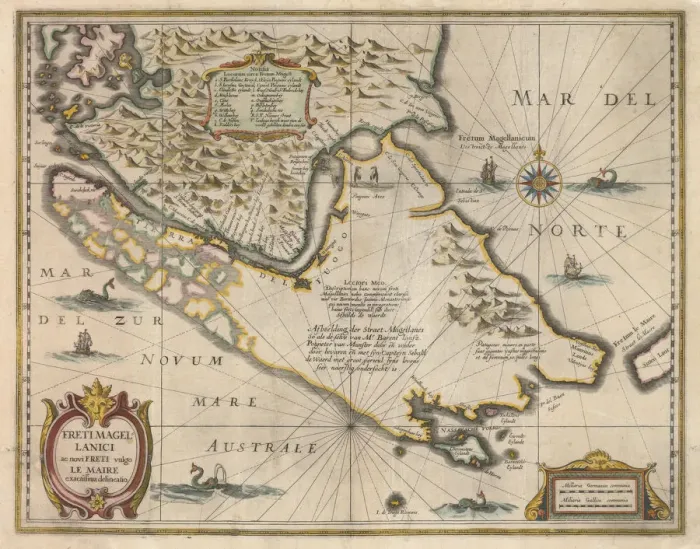 Framed Print : Freti Magellanici ac novi freti vulgo Le Maire exactissima delineatio, c. 1630. Artist: Hondius, Jodocus (1563-1612) Framed Print : Freti Magellanici ac novi freti vulgo Le Maire exactissima delineatio, c. 1630. Artist: Hondius, Jodocus (1563-1612)