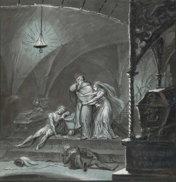 Framed Print : Friar Lawrence and Juliet Discover the Bodies of Romeo and Paris... 19th century Framed Print : Friar Lawrence and Juliet Discover the Bodies of Romeo and Paris... 19th century