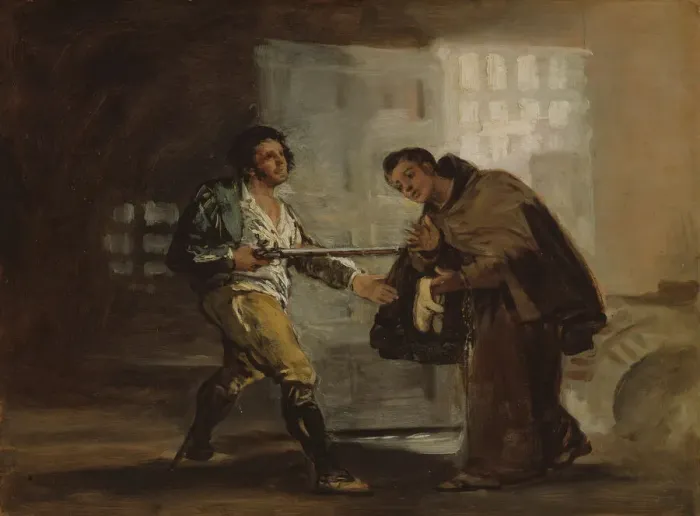 Framed Print : Friar Pedro Offers Shoes to El Maragato and Prepares to Push Aside His Gun, c. 1806 Framed Print : Friar Pedro Offers Shoes to El Maragato and Prepares to Push Aside His Gun, c. 1806