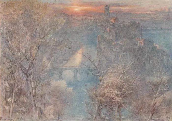 Framed Print : Fribourg, Switzerland: Sunrise, 1900, (1923). Artist: Albert Goodwin Framed Print : Fribourg, Switzerland: Sunrise, 1900, (1923). Artist: Albert Goodwin