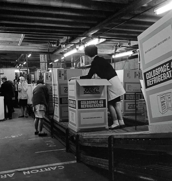 Framed Print : Fridge assembly at the General Electric Company, Swinton, South Yorkshire, 1964. Artist Framed Print : Fridge assembly at the General Electric Company, Swinton, South Yorkshire, 1964. Artist