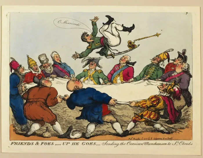 Framed Print : Friends and foes, up he goes: Sending the Corsican Munchausen to Saint Clouds, 1813 Framed Print : Friends and foes, up he goes: Sending the Corsican Munchausen to Saint Clouds, 1813