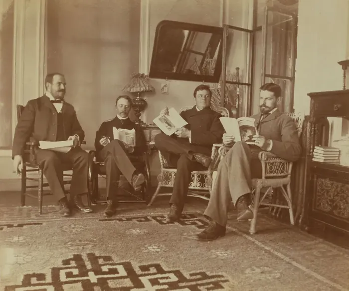 Framed Print : Four friends reading in the veranda room, Dom Smith, Vladivostok, Russia: William S... 1899. Creator: Eleanor Lord Pray Framed Print : Four friends reading in the veranda room, Dom Smith, Vladivostok, Russia: William S... 1899. Creator: Eleanor Lord Pray