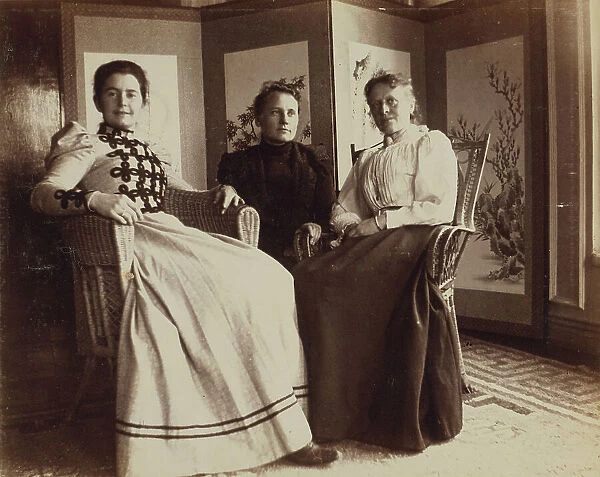 Three friends seated in the veranda room, Dom Smith, Vladivostok, Russia: Eleanor Pray... 1899. Creator: Frederick S. Pray