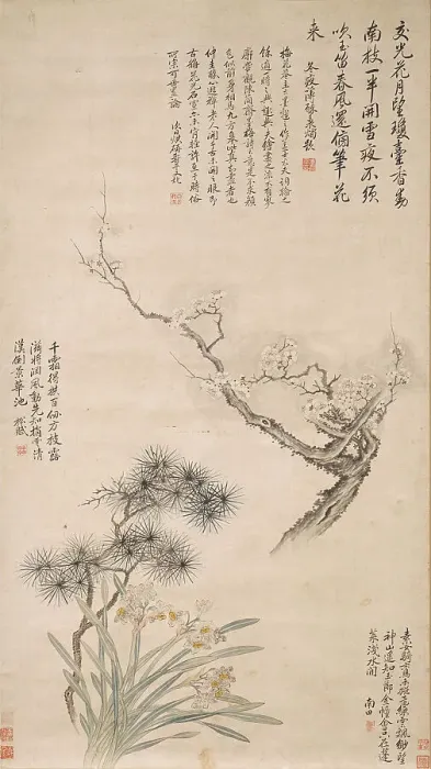 Framed Print : The Three Friends of Winter: Pine, Bamboo, and Plum, 17th century. Creator: Yun Shouping (1633-1690) Framed Print : The Three Friends of Winter: Pine, Bamboo, and Plum, 17th century. Creator: Yun Shouping (1633-1690)