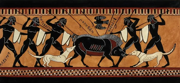 Framed Print : Detail of a frieze decorating a Greek black-figured column krater representing a group... 1760-9. Creator: Augustin Dahlsteen Framed Print : Detail of a frieze decorating a Greek black-figured column krater representing a group... 1760-9. Creator: Augustin Dahlsteen