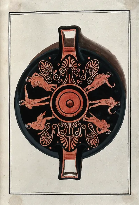 Framed Print : Frieze decorating the inside of a Greek red-figured cup (kylix) showing naked... 1760-9. Creator: Augustin Dahlsteen Framed Print : Frieze decorating the inside of a Greek red-figured cup (kylix) showing naked... 1760-9. Creator: Augustin Dahlsteen