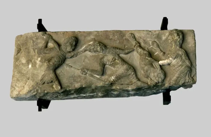Framed Print : Frieze with hunting scene made of sandstone, it comes from the Collegiate from Santa Framed Print : Frieze with hunting scene made of sandstone, it comes from the Collegiate from Santa
