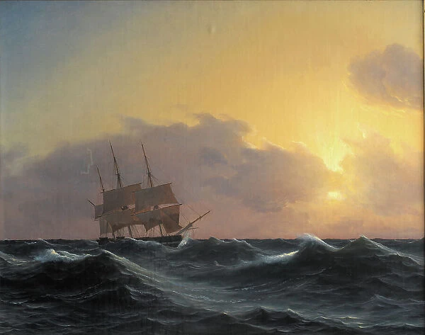 Frigate with rigged undersails in a storm, 1827-1865. Creator: Carl Dahl