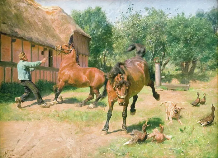 Framed Print : Frisky horses, 1865-1887. Creator: Hans Michael Therkildsen Framed Print : Frisky horses, 1865-1887. Creator: Hans Michael Therkildsen