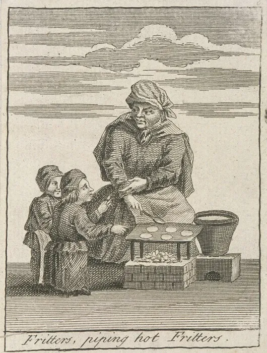 Framed Print : Fritters, piping hot Fritters, Cries of London, (c1688?) Framed Print : Fritters, piping hot Fritters, Cries of London, (c1688?)